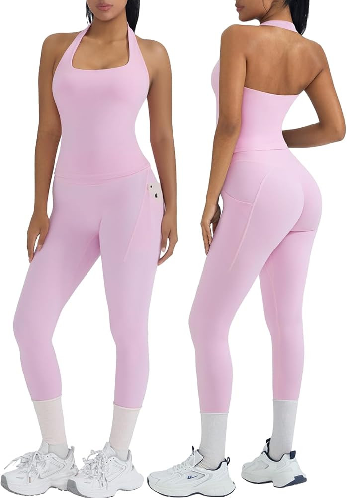 OMKAGI 2 Piece Workout Sets for Women Halter Tops Booty Leggings with Pockets Gym Outfits | Amazon (US)