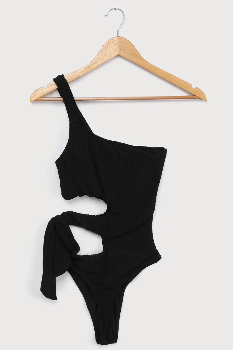 Just Add Water Black Ribbed One-Shoulder Side-Tie Swimsuit | Lulus (US)