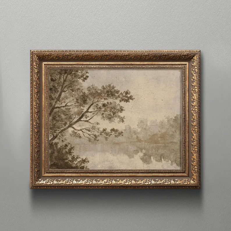 Framed Sepia Landscape Print, Vintage Tree Sketch, Ornate Gold Frame | Etsy (Global)