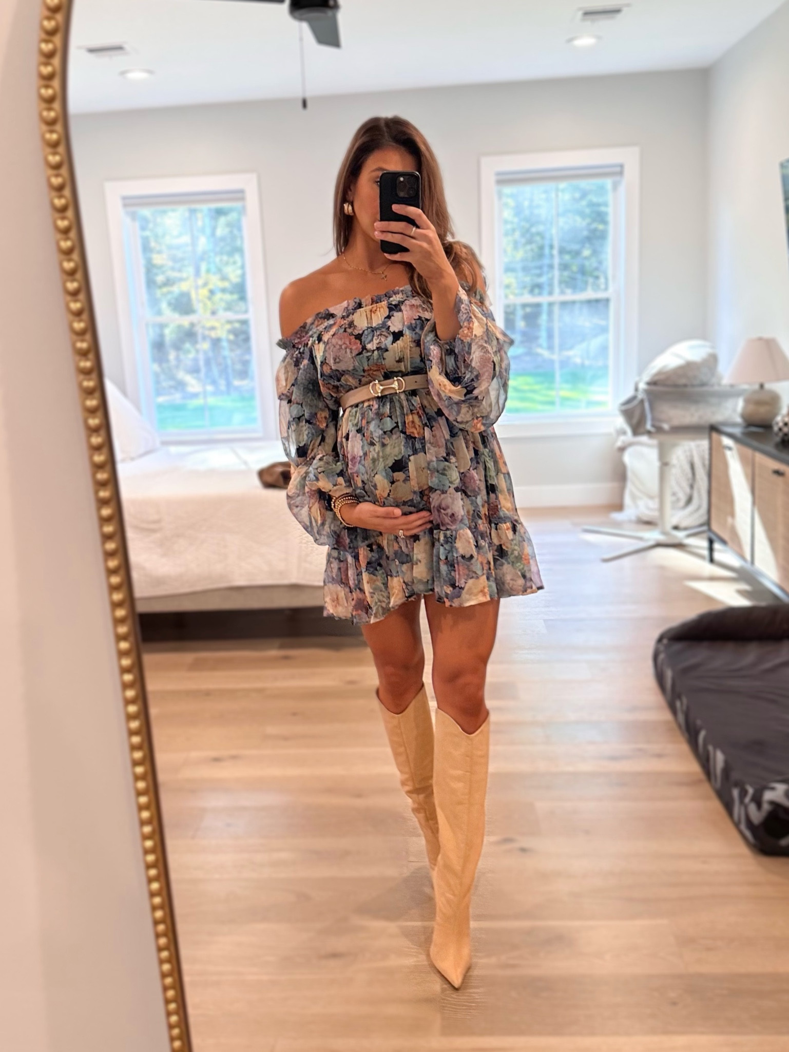 9 months pregnant 🤰🏽 

•baby shower guest, fall baby shower, October ootd, off the shoulder dress, VICI, schutz knee high boot, amazon finds 

#LTKBump #LTKSeasonal
