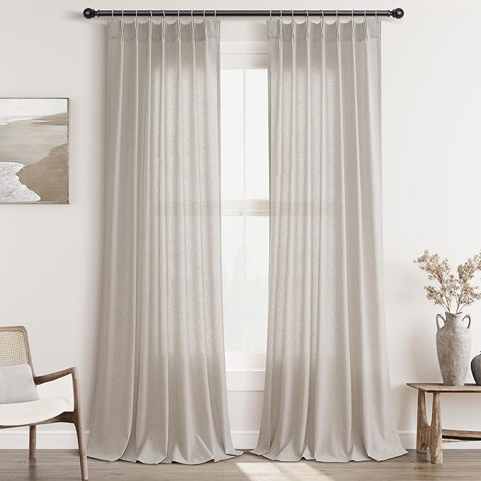 Apricot Pinch Pleat Linen Curtains 90 Inch Length 2 Panels Set for Bedroom Dinging Room Semi Shee... | Amazon (US)