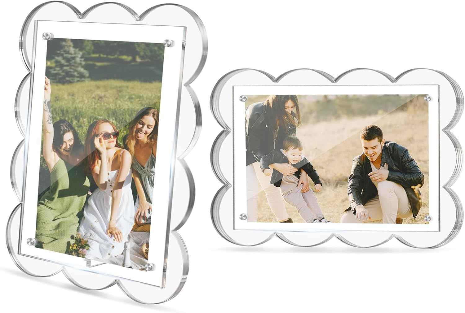 2 Pack 4x6 Acrylic Frame, Clear Magnetic Picture Frames, Scalloped Lucite Plexiglas Floating Photo Frame for Tabletop Vertical and Horizontal Display | Amazon (US)