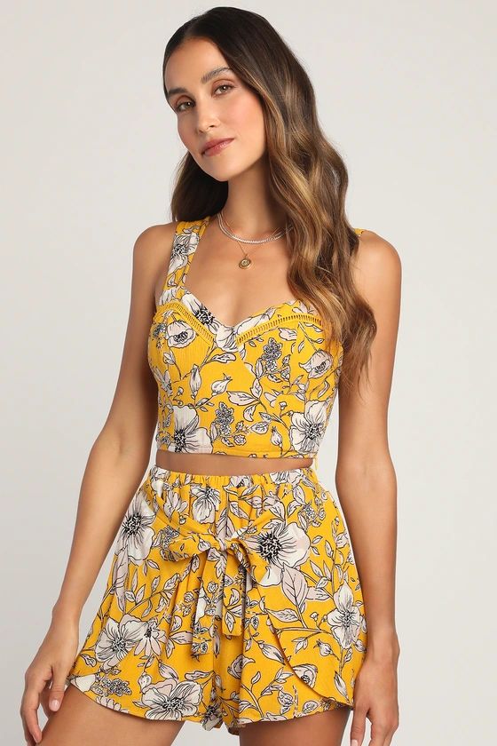 Flowers Bloom Yellow Floral Print Two-Piece Sleeveless Romper | Lulus