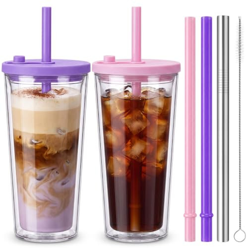Honeydak 2 Pack 24 oz Reusable Iced Coffee Cups with Lids and Straws Leakproof Double Wall Insulated Clear Plastic Iced Coffee Tumblers with Straw Brushes | Amazon (US)