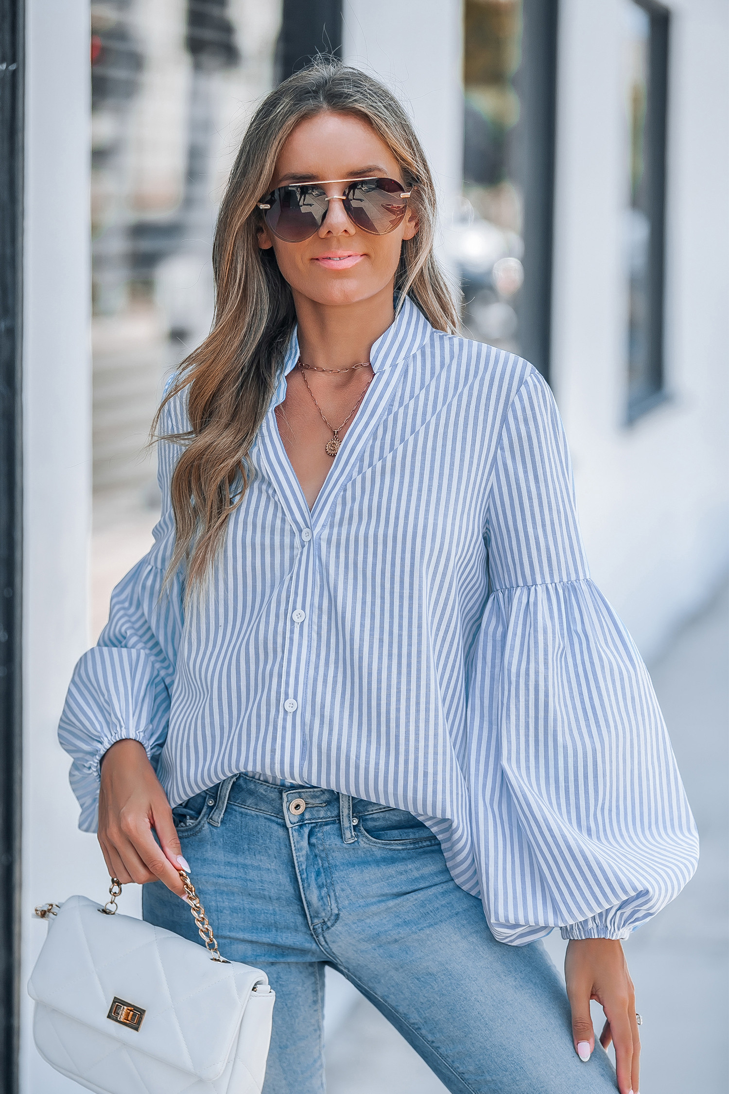 NewBlue Striped Front Button Puff Sleeve Blouse | Cupshe US