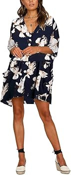 Women's Casual Dress Half Sleeve Button Down V-Neck Pocketed Loose T-Shirt Dress Oversized Dress ... | Amazon (US)