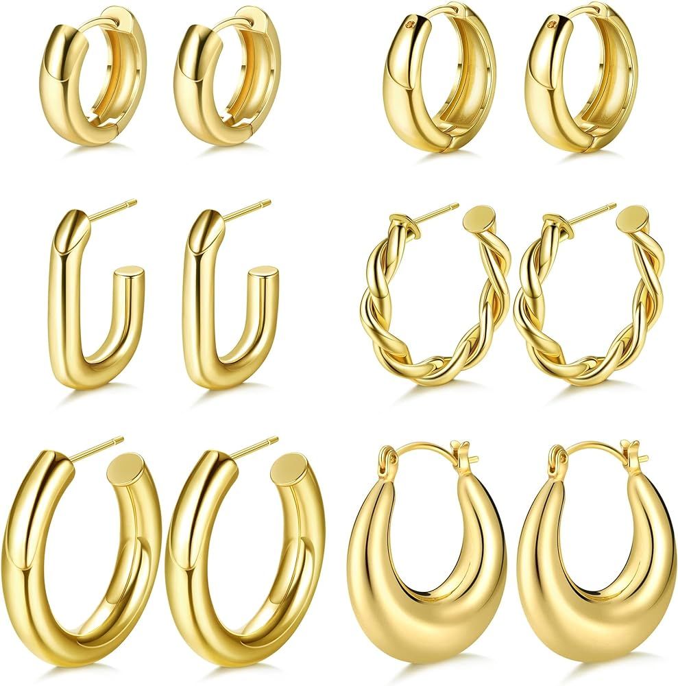 Morfetto Gold Hoop Earrings Set for Women 14K Gold Plated Lightweight Chunky Hoop Earrings Thick ... | Amazon (UK)