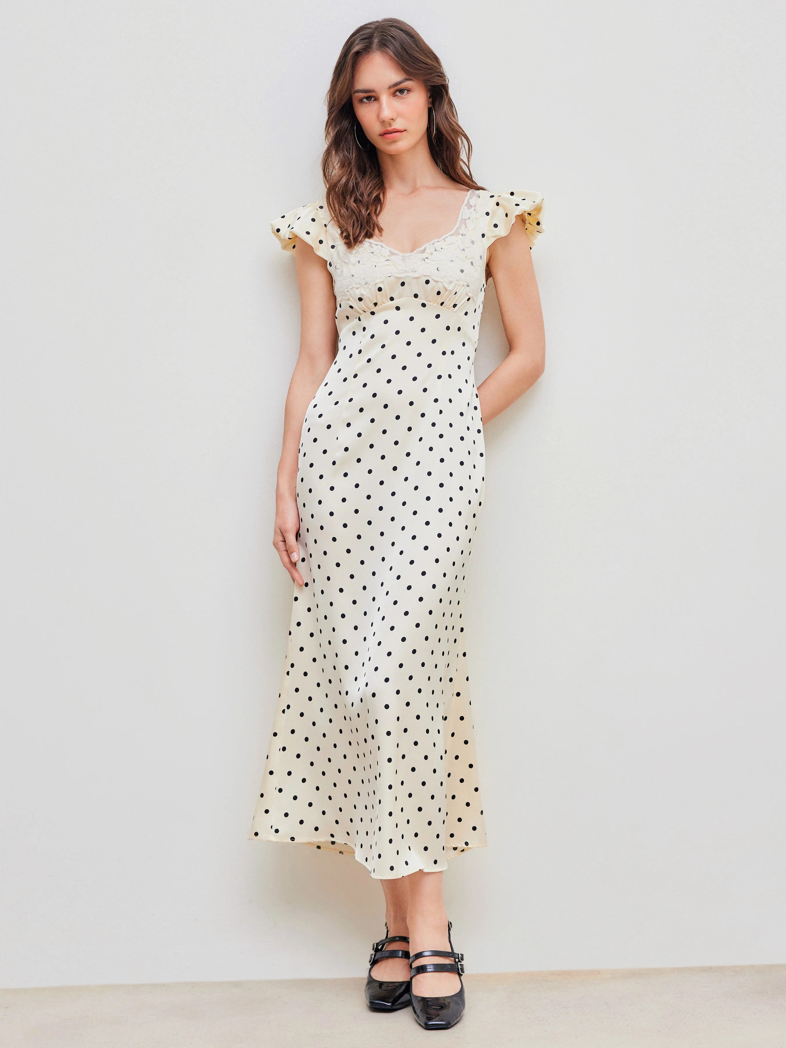 Woven Woven Sweetheart Polka Dot Lace Trim Maxi Dress For Date | Cider