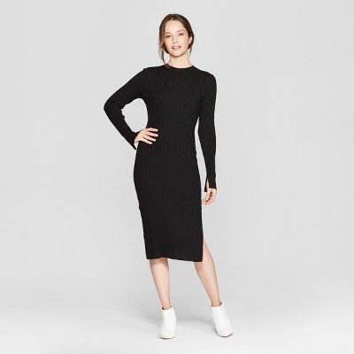 Women's Long Sleeve Ribbed Midi Sweater Dress - Prologue™ Black M | Target