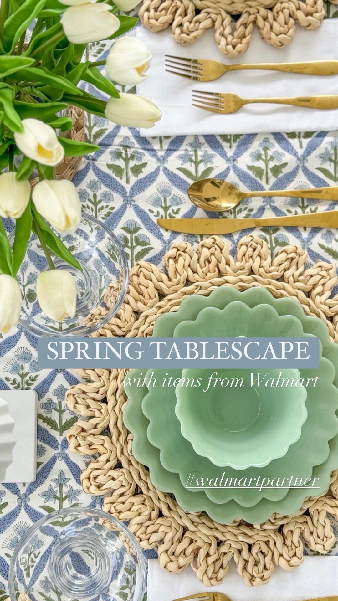 Spring tablescape finds! 🌷 #walmartpartner I couldn’t be more excited that spring is finally here! Meals outside are my favorite, so I gave our outdoor dining area a little spring refresh - all with items on @Walmart! These simple and chic swaps made such a big impact to the vibe in this space. From the gorgeous block print tablecloth, to the jade scalloped dishes, to the gold flatware and seagrass wrapped vase (that doubles as a candle hurricane) to the “pleated” cordless rechargeable lamps - they’re all on trend, affordable, and all from Walmart! They’re perfect for brunch, showers, Mother’s Day, graduation or any meal you want to make feel more special! #walmarthome 
.
#ltkhome #ltkfindsunder50 #ltkfindsunder100 #ltkseasonal #ltkvideo #ltkparties #ltksalealert spring table decor, entertaining ideas, party decor

#LTKhome #LTKSeasonal #LTKVideo