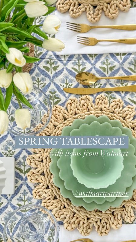 Spring tablescape finds! 🌷 #walmartpartner I couldn’t be more excited that spring is finally here! Meals outside are my favorite, so I gave our outdoor dining area a little spring refresh - all with items on @Walmart! These simple and chic swaps made such a big impact to the vibe in this space. From the gorgeous block print tablecloth, to the jade scalloped dishes, to the gold flatware and seagrass wrapped vase (that doubles as a candle hurricane) to the “pleated” cordless rechargeable lamps - they’re all on trend, affordable, and all from Walmart! They’re perfect for brunch, showers, Mother’s Day, graduation or any meal you want to make feel more special! #walmarthome 
.
#ltkhome #ltkfindsunder50 #ltkfindsunder100 #ltkseasonal #ltkvideo #ltkparties #ltksalealert spring table decor, entertaining ideas, party decor

#LTKhome #LTKSeasonal #LTKVideo