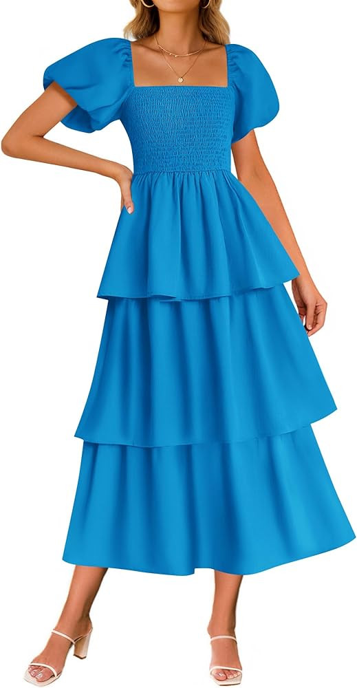 ZESICA Women's 2025 Summer Boho Midi Dress Short Puff Sleeve Flowy A Line Tiered Beach Vacation L... | Amazon (US)