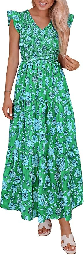 PRETTYGARDEN Women's Boho Floral Maxi Dress 2026 Summer Smocked V Neck Ruffle Sleeve Spring Flowy... | Amazon (US)