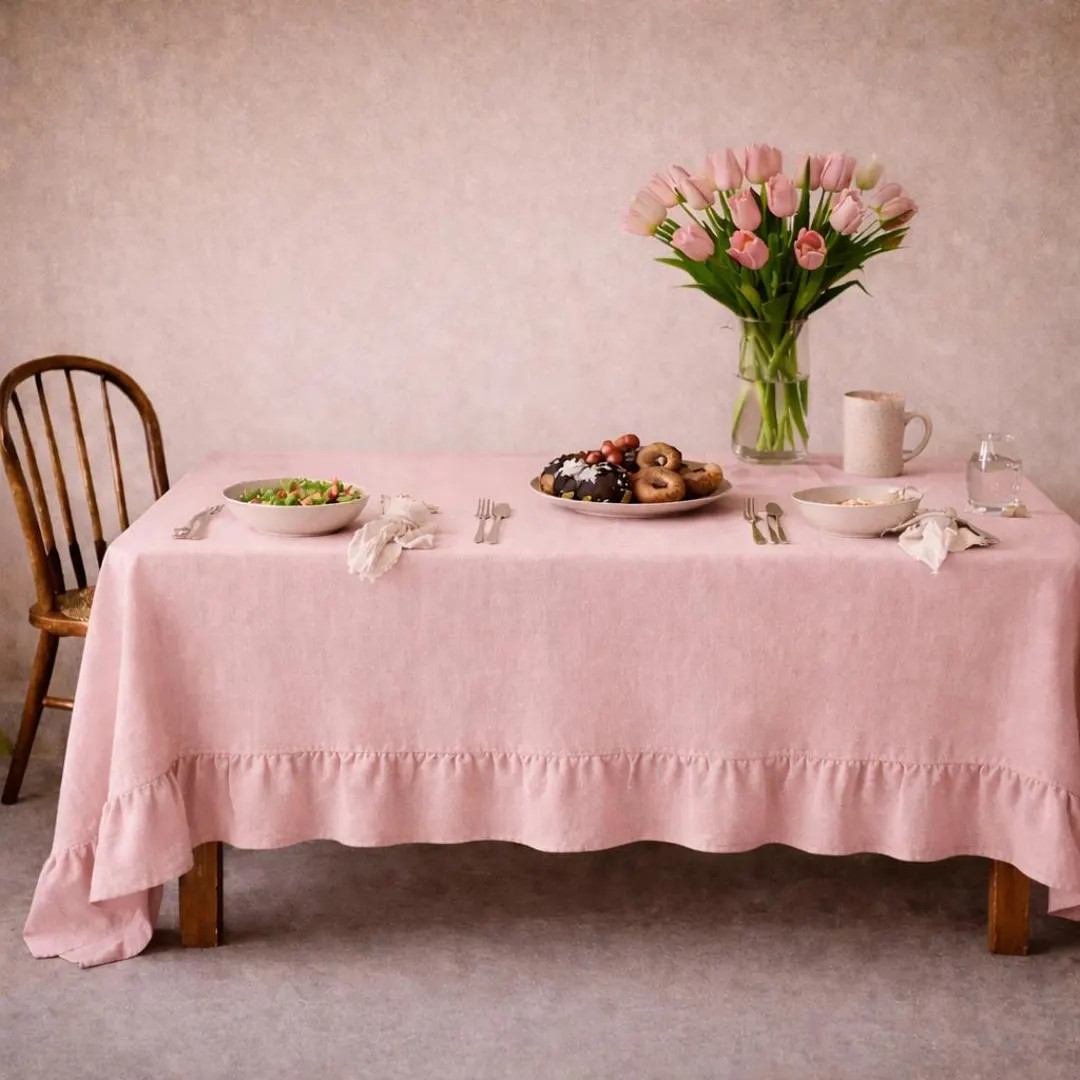 Blush Pink Round Linen Tablecloth | Ruffle Edge Table Cover | Farmhouse Dining Table Decor | Wedd... | Etsy (US)