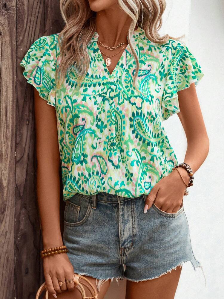 SHEIN VCAY Paisley Print Butterfly Sleeve Blouse | SHEIN