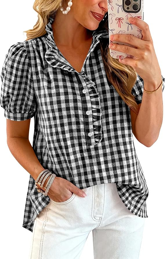 MASCOMODA Women Puff Sleeve Striped Boho Tops Plaid Shirts | Summer Striped Shirt & Gingham Top, ... | Amazon (US)