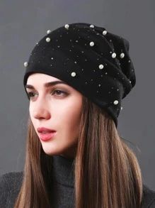 1pc Women's Black Faux Pearl & Hot Drilling Decor Beanie Hat For Autumn/winter Outdoor Activities... | SHEIN