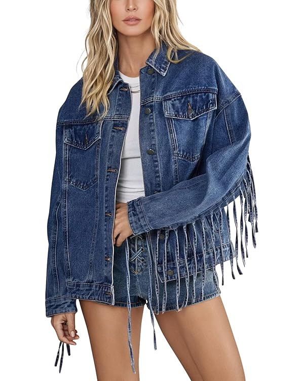 Omoone Women's Oversized Denim Fringed Jacket Tassel Jean Jackets Cowgirl Western Country Concert... | Amazon (US)