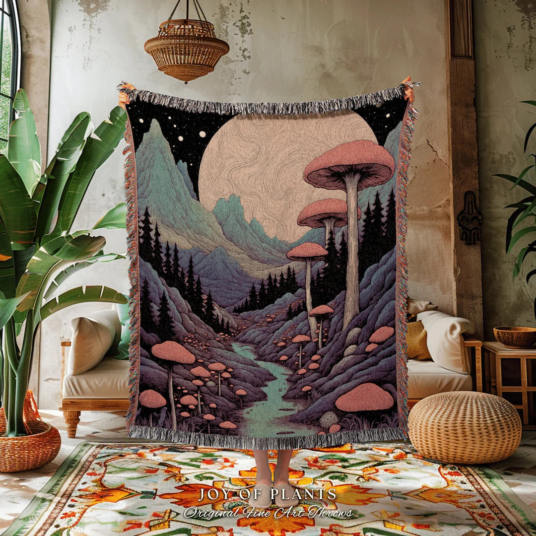 Retro Mushroom Woven Throw Blanket Cottagecore Folklore Blanket Ethereal Room Decor Celestial Thr... | Etsy (US)