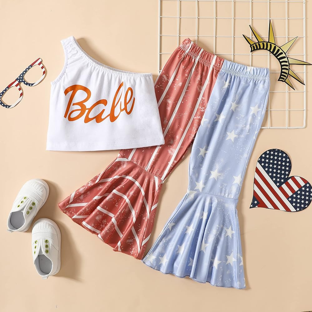 Toddler Girl 4th of July Outfits One Shoulder Tank Tops Star Stripes Flag Bell-Bottom Pants Independ | Amazon (US)