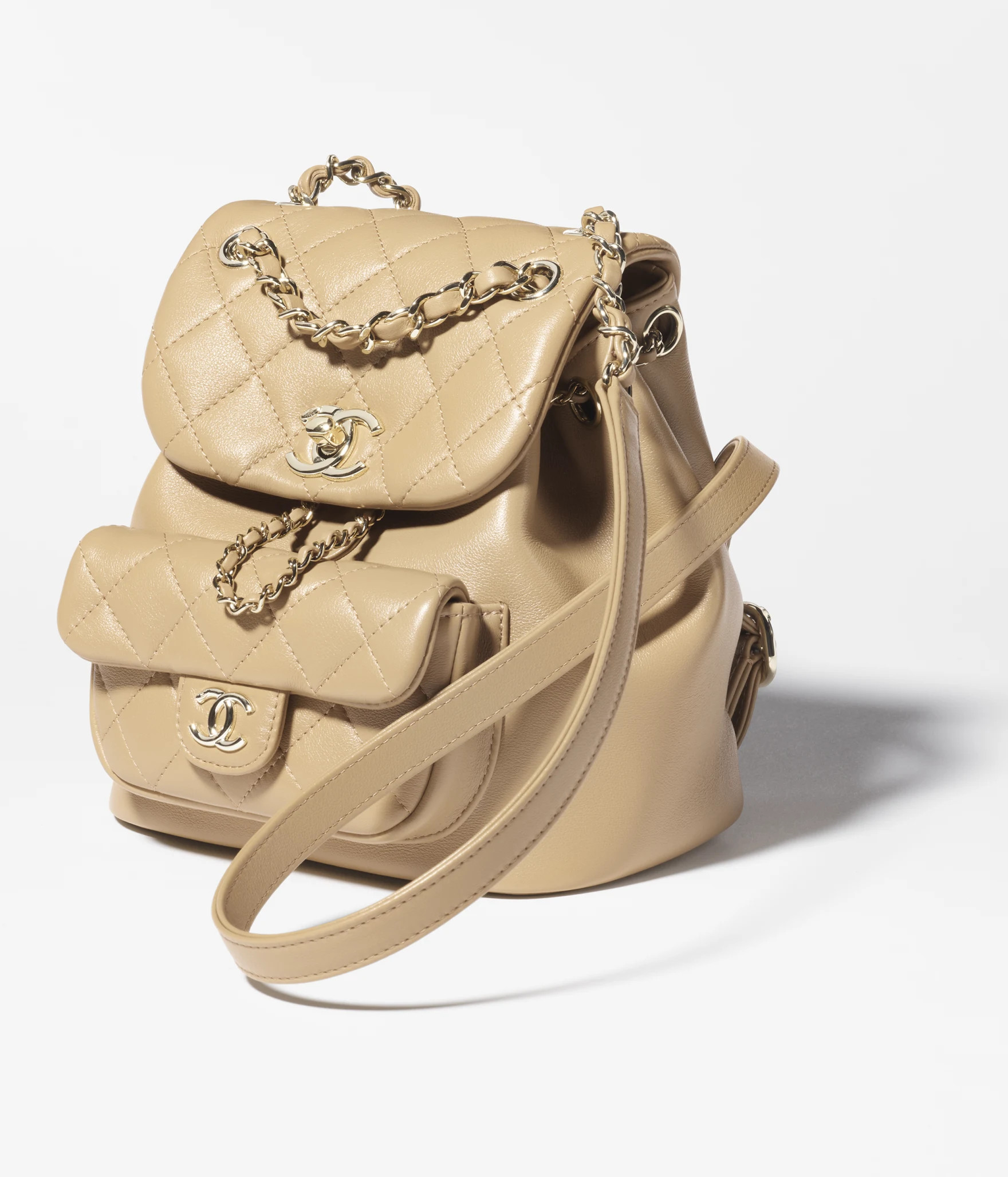 Small backpack, Calfskin & gold-tone metal, dark beige — Fashion | CHANEL | Chanel, Inc. (US)