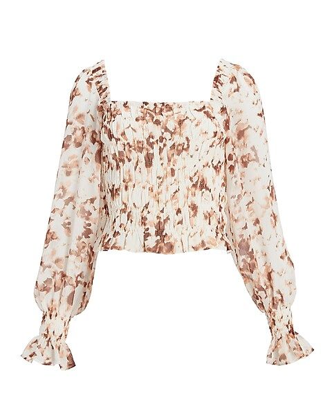 Printed Smocked Square Neck Top | Express