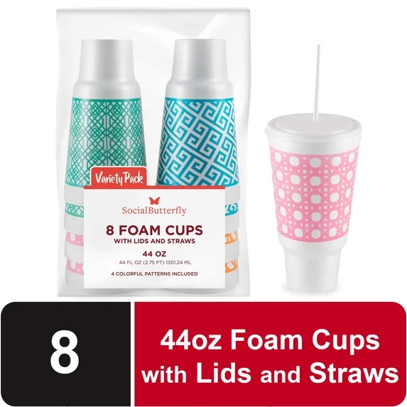Social Butterfly Disposable Foam Cups with Lids and Straws, 44 oz, 4 Colorful Patterns, 8 Count, ... | Walmart (US)