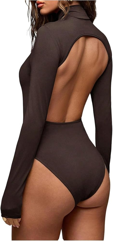 MakeMeChic Women's Open Back Tops Bodysuit Mock Neck Long Sleeve Corset Turtlenec Bodysuit | Amazon (US)