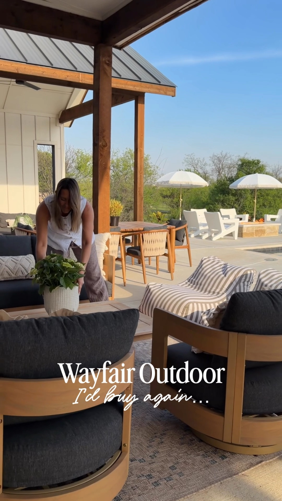 Our outdoor space finally feels finished and it’s all thanks to these new pieces from @Wayfair . The outdoor sofa + matching swivel chairs are so comfortable and easy to live in, and I love how the Loloi Topanga rug grounds the whole space. We added the striped bean bag chairs for something fun and extra seating. The outdoor chaise loungers and teak barstools tie everything together for a space we actually use every day.

Keywords: outdoor furniture Wayfair, patio sofa, outdoor swivel chairs, Loloi Topanga rug, outdoor rug patio, bean bag chairs outdoor, weatherproof outdoor furniture, chaise loungers outdoor, teak barstools, backyard patio ideas, poolside furniture, outdoor living space, patio styling inspiration
#wishyouwerehere #outdoor #wayfair #ad #wayfairpartner