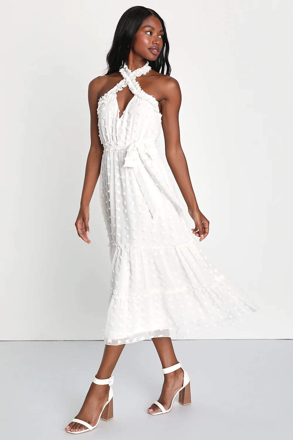 Sensational Essence White Clip Dot Tiered Halter Midi Dress | Lulus