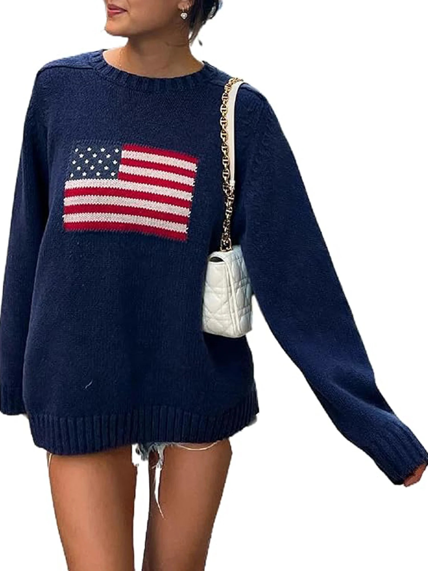 Women American Flag Sweater Loose Vintage Long Sleeve Crewneck Knitted Jumper Top Patriotic USA P... | Walmart (US)