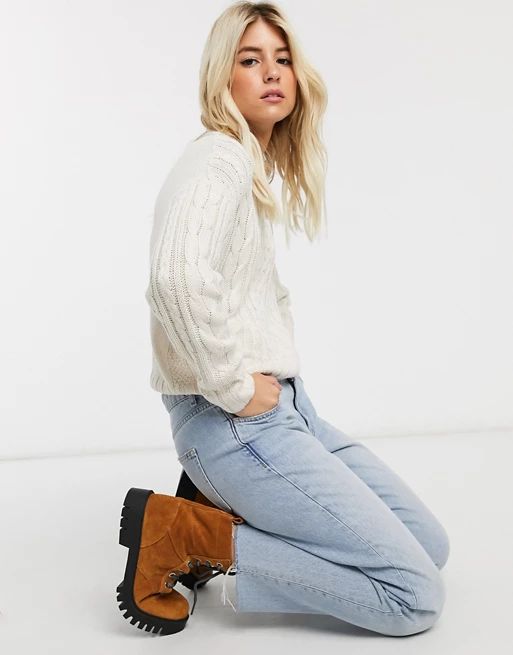 Pull&Bear cable knitted sweater in ecru | ASOS US