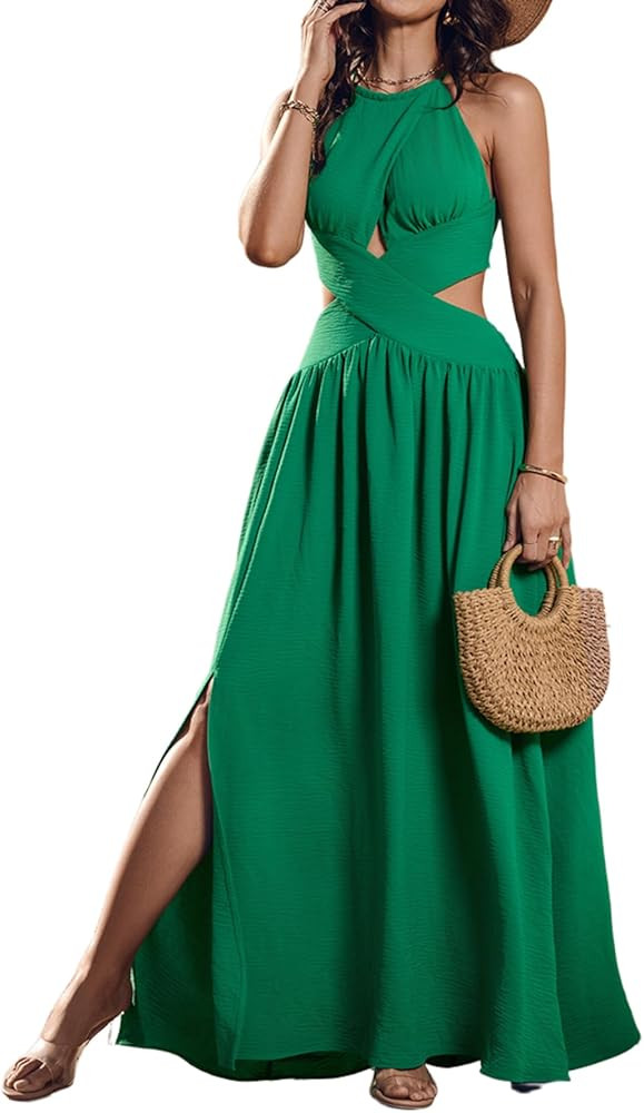 CHICME Women's Sleeveless Halter Neck Dress Criss Cross Tie Back Split High Maxi Dress | Amazon (US)