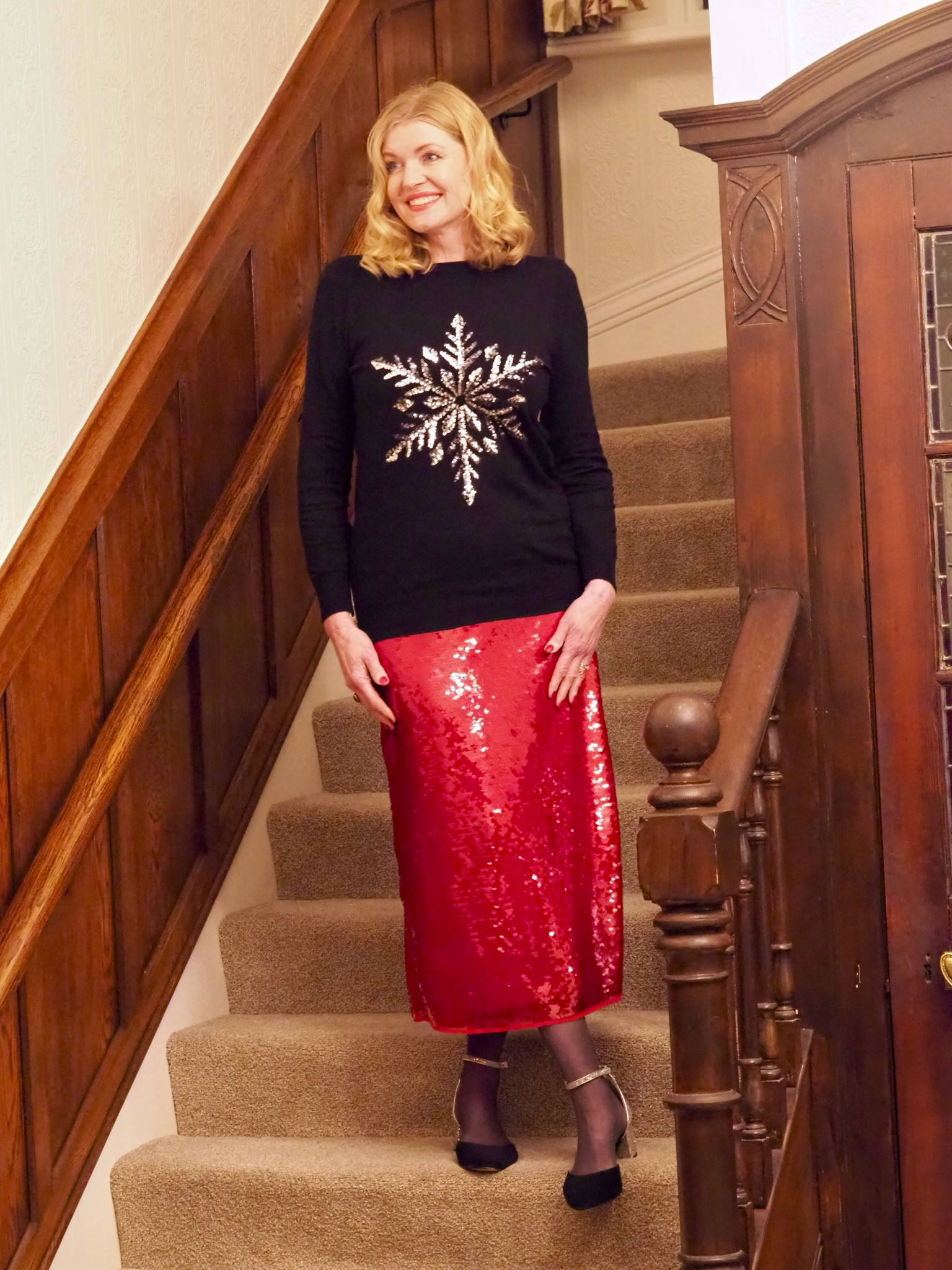 Christmas party outfit. Holidsy outfit. Red Sequin skirt. Over 40 Christmas outfit. Over 50 Christmas outfit. Christmas outfit under £75 

#LTKover50style #LTKpartywear