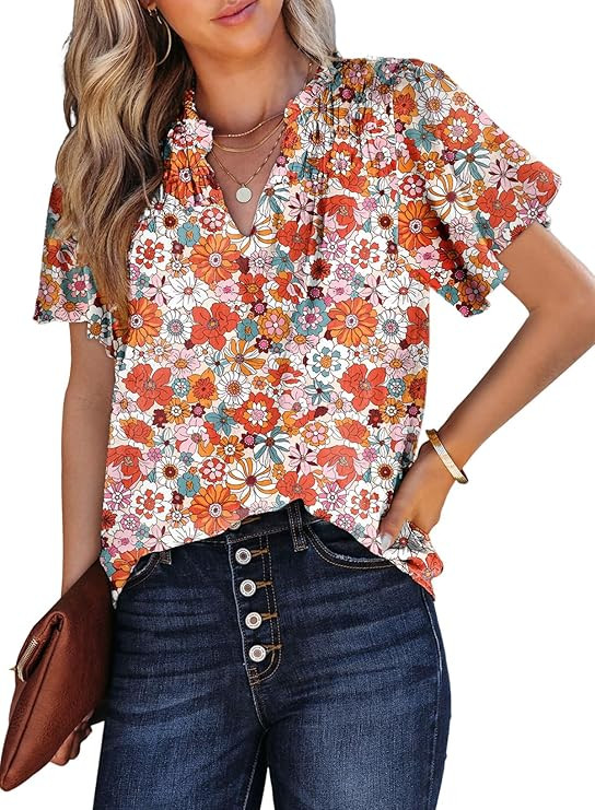 SHEWIN Women's Casual V Neck Floral Print Smocked Short Sleeve Chiffon Blouses Bohemian Top Shirt... | Amazon (US)