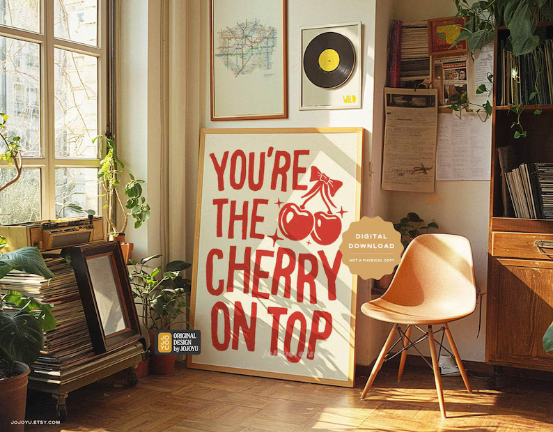 Cherry on Top Wall Art Print, Cute Funky Kitchen Poster, Cherries Playful Art Decor Gift, Dorm Be... | Etsy (US)