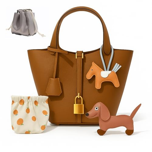 Fashionable Leather Bucket Bag, Lock Design Handbag with Shoulder Strap, Available in Black, Pink, Grey (Blue) | Amazon (US)