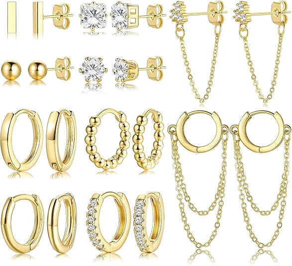 14K Small Gold Plated Hoop Studs Earrings for Women, Fashion Hypoallergenic Dainty Minimalist CZ ... | Amazon (US)