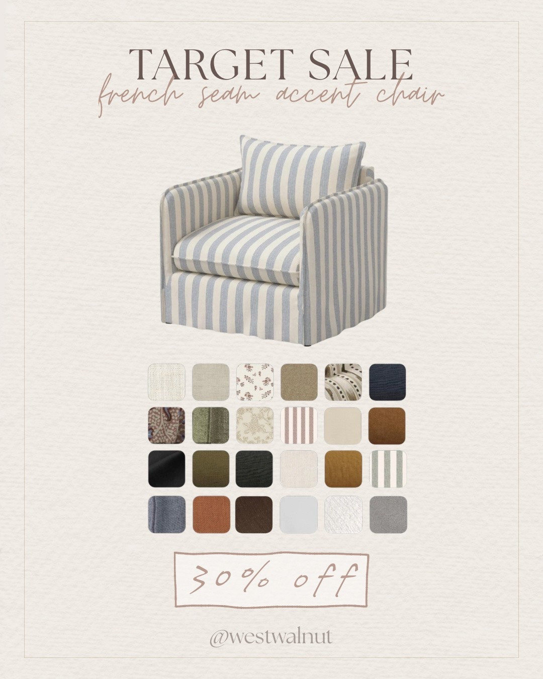 @Target is having a sale right now on some of my favorite furniture pieces they have! I've linked tons of pieces for 30%!

This is the Berea Chair Malcolm Stripe Blue - Threshold™. It comes in 25 beautiful fabric finishes and a wood frame. I love the French seam detailing, it really gives the swivel that designer feel!

#accentchair #affordablefurniture #moderndecor #modernhome #budgetfriendlydecor
#LTKHome #cozyhome