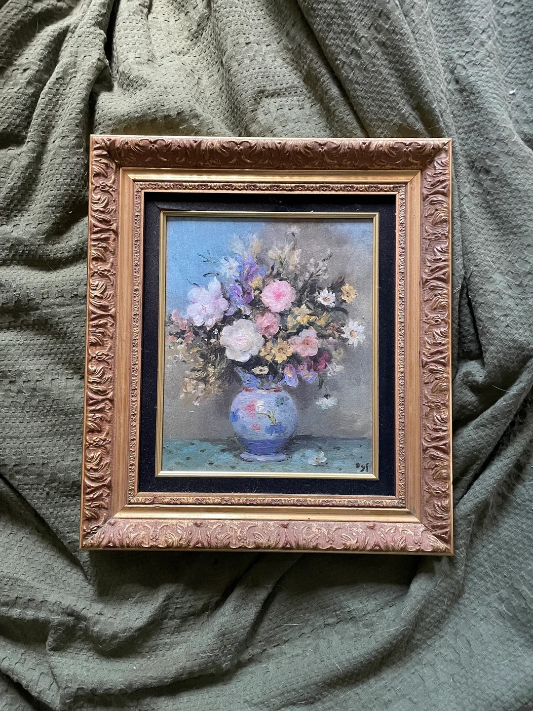 Vintage Floral Painting Roses in Blue Vase With Gold Frame - Etsy UK | Etsy (UK)