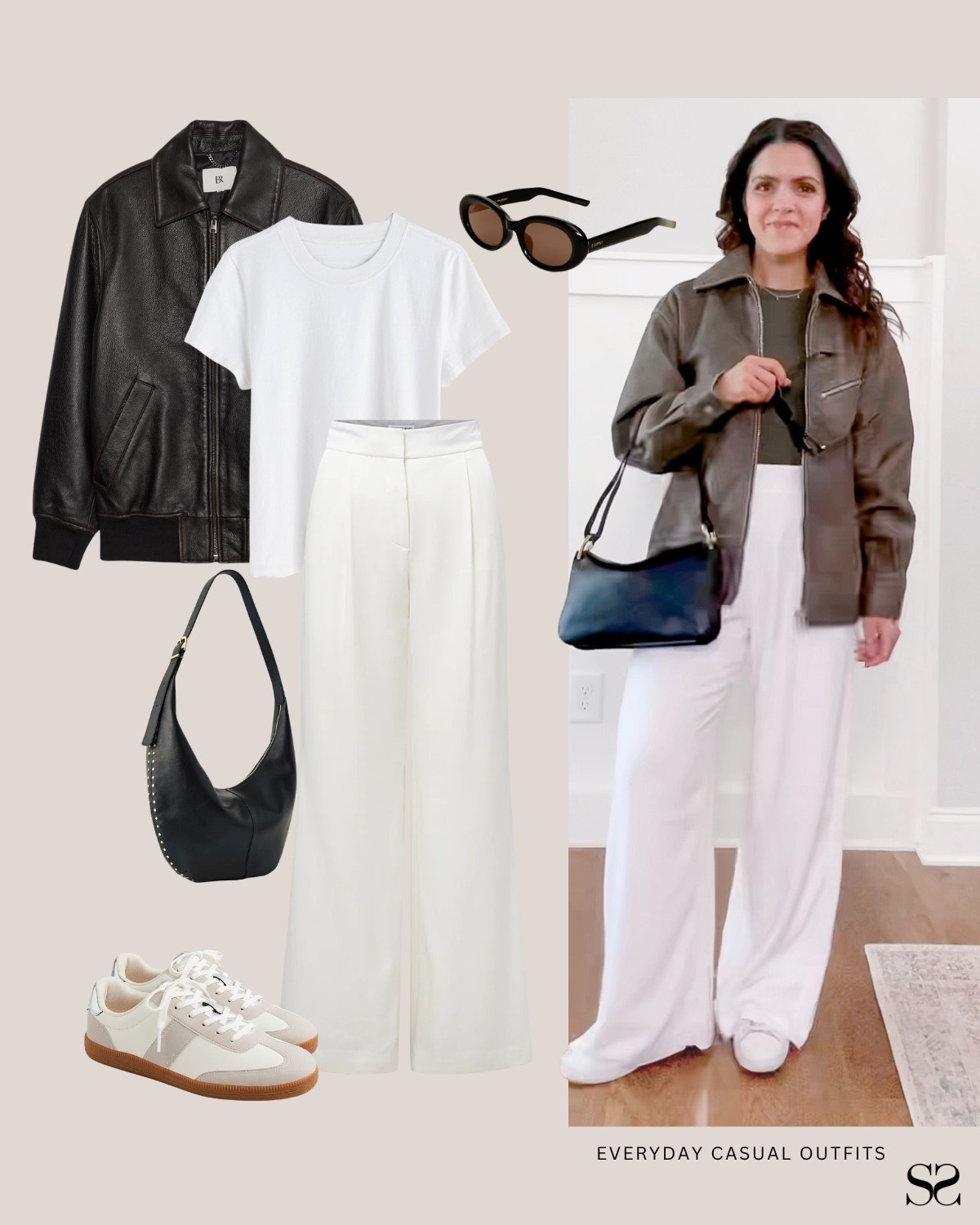Outfit ideas for when getting dressed has to be easy: Three pieces, zero effort, looks completely intentional.

Leather jacket, white tee, wide leg white trousers, black shoulder bag, retro sneakers, oval sunglasses

#LTKgrwm #LTKootd