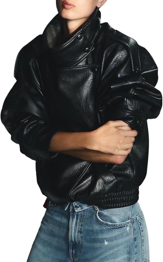 Women's Faux Leather Oversized Bomber Jacket Zip Up Stand Collar Pockets Fall Winter Vintage Moto... | Amazon (US)