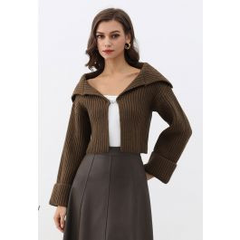 Toggle Clasp Flap Collar Rib Knit Cardigan in Brown | Chicwish