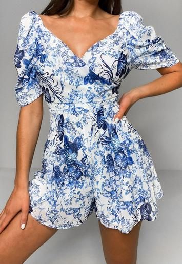 White Floral Print Puff Sleeve Sweetheart Romper | Missguided (US & CA)