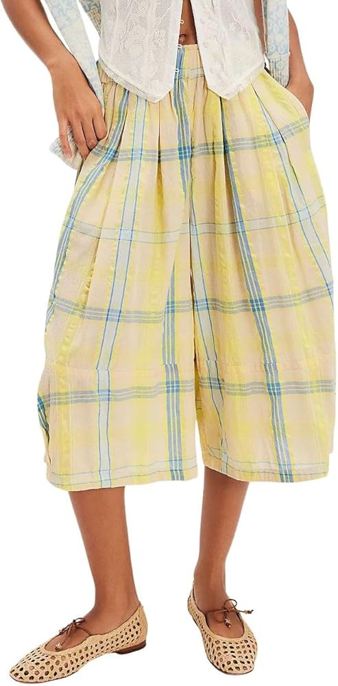 chouyatou Women's Retro Plaid Wide Leg Cropped Pants Y2k Baggy Culottes Capri Palazzo Pants with ... | Amazon (US)