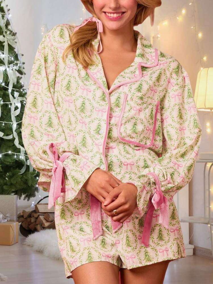 Women Christmas Satin Slik Pajamas Set Bow Tie Long Sleeve Button Down Shirt And Tie Front Shorts... | SHEIN