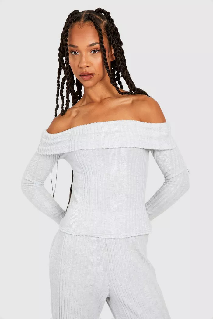 Tall Soft Varied Rib Off The Shoulder Longsleeve Top | boohoo (US & Canada)