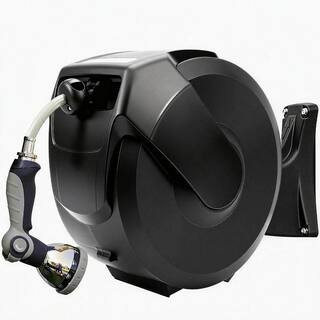 1/2 in. Dia x 100 ft. Heavy-Duty Retractable Garden Hose Reel with Length Lock, 180° Swivel, Auto-Layering, 10 Spray | The Home Depot