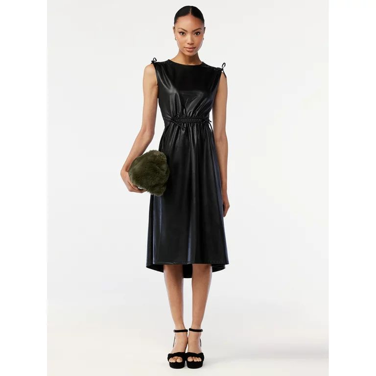 Scoop Women's Faux Leather Midi Dress with Cinched Waist | Walmart (US)