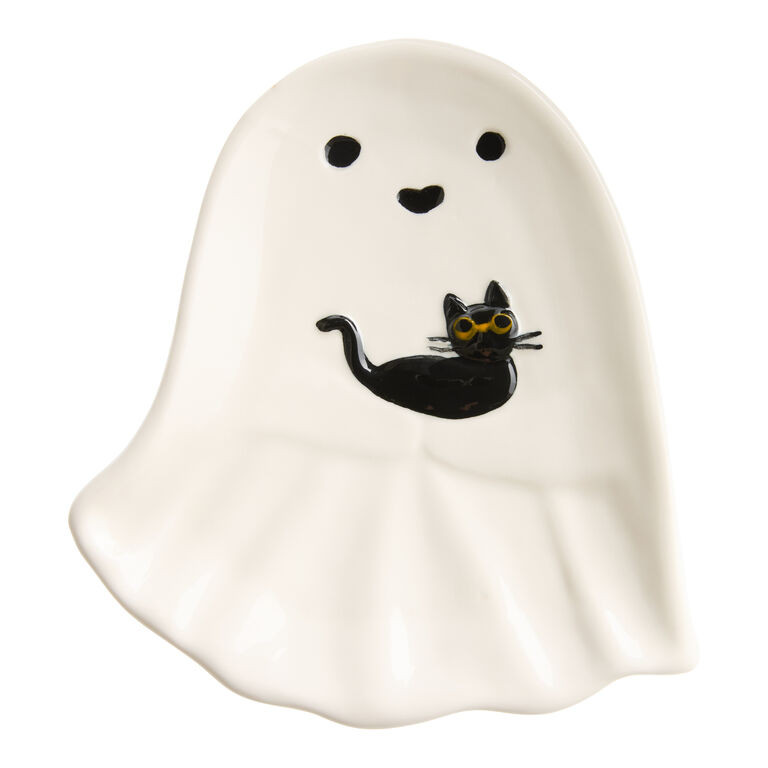 White Ghost and Cat Hand Painted Figural Appetizer Plate | World Market